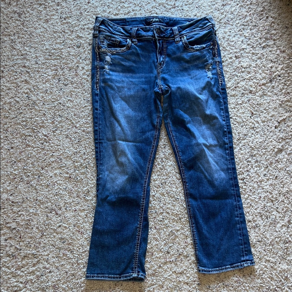 Silver Jeans Women's Distressed Blue Elyse Capris Ankle Jeans Size 29 - Picture 2 of 7